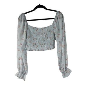 Windsor Light Blue Floral Puff Sleeve Cropped Ruched Top Sz L Juniors